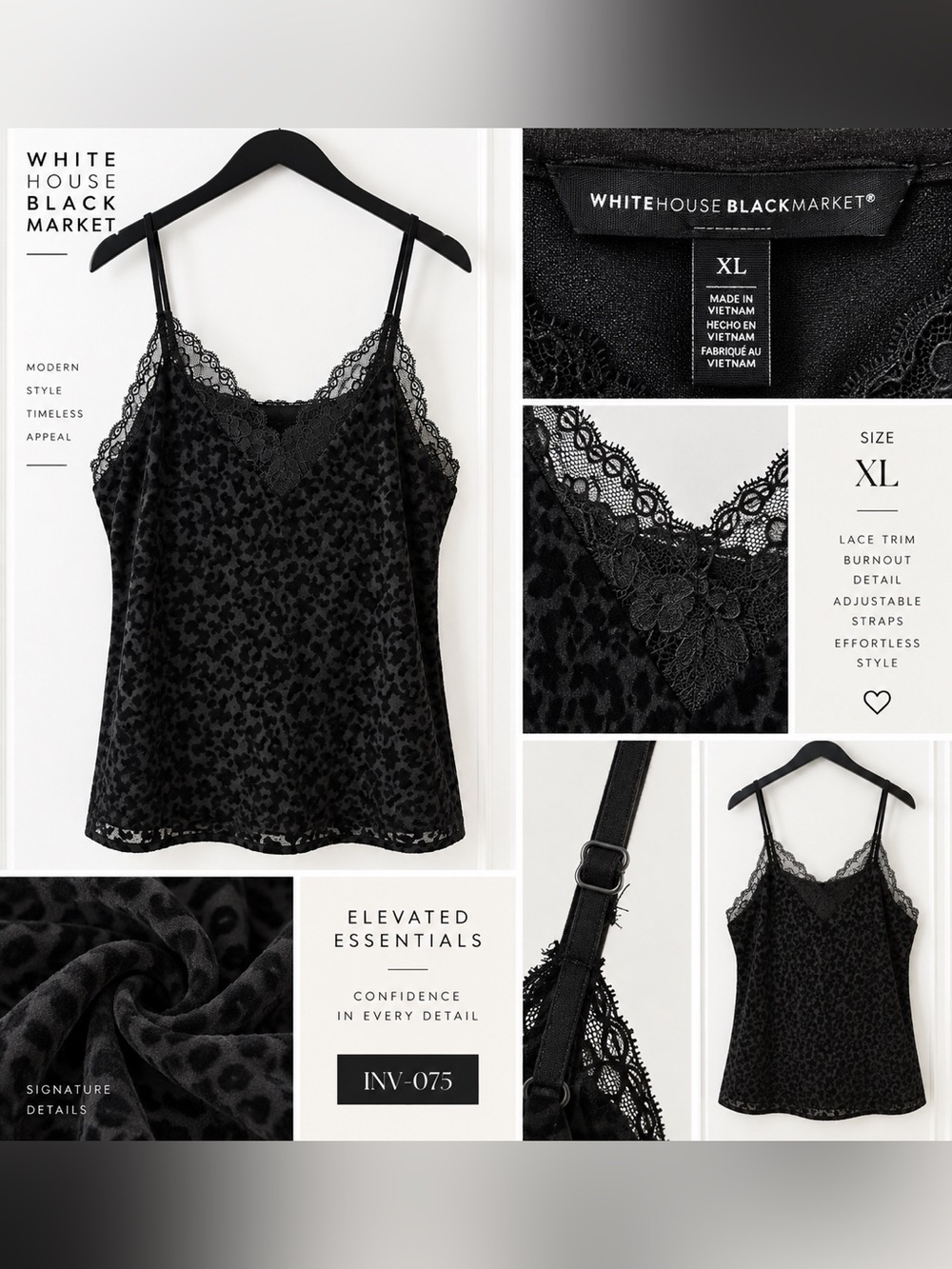 White House Black Market Black Lace-Trim Burnout Velvet Cami Top